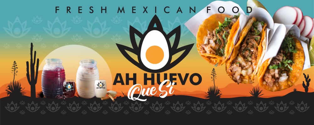Ah Huevo Que Sí tacos, aguas frescas and egg-flame logo